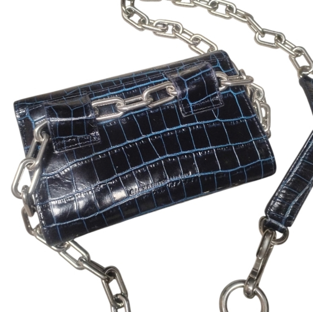 ALEXANDER WANG | Blue Croc Embossed Leather Crossbody Mini Bag / Chain Wallet - Picture 4 of 9